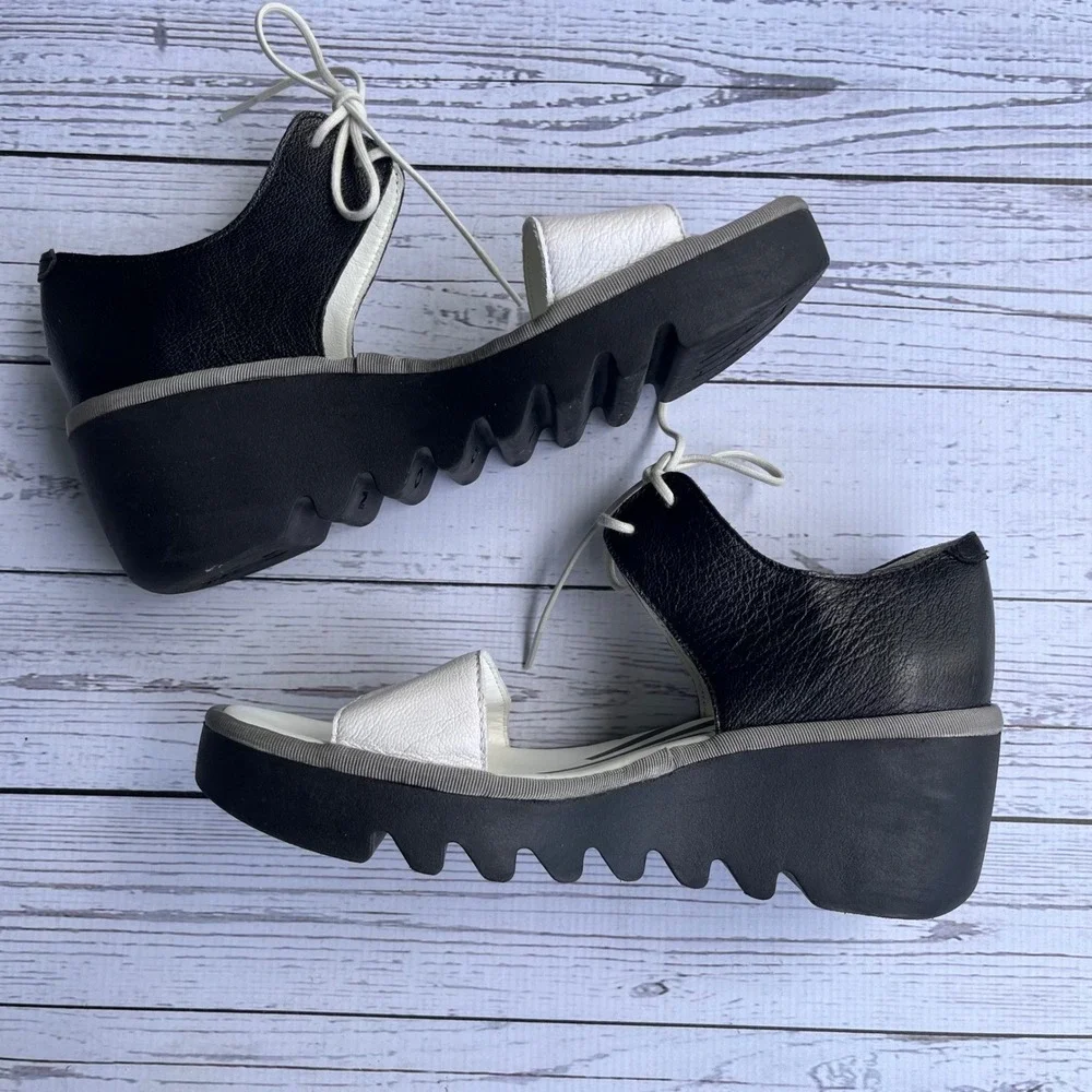 FLY LONDON Black White‎ Leather Lace Up Platform Wedge Sandals EU39 US8-8.5